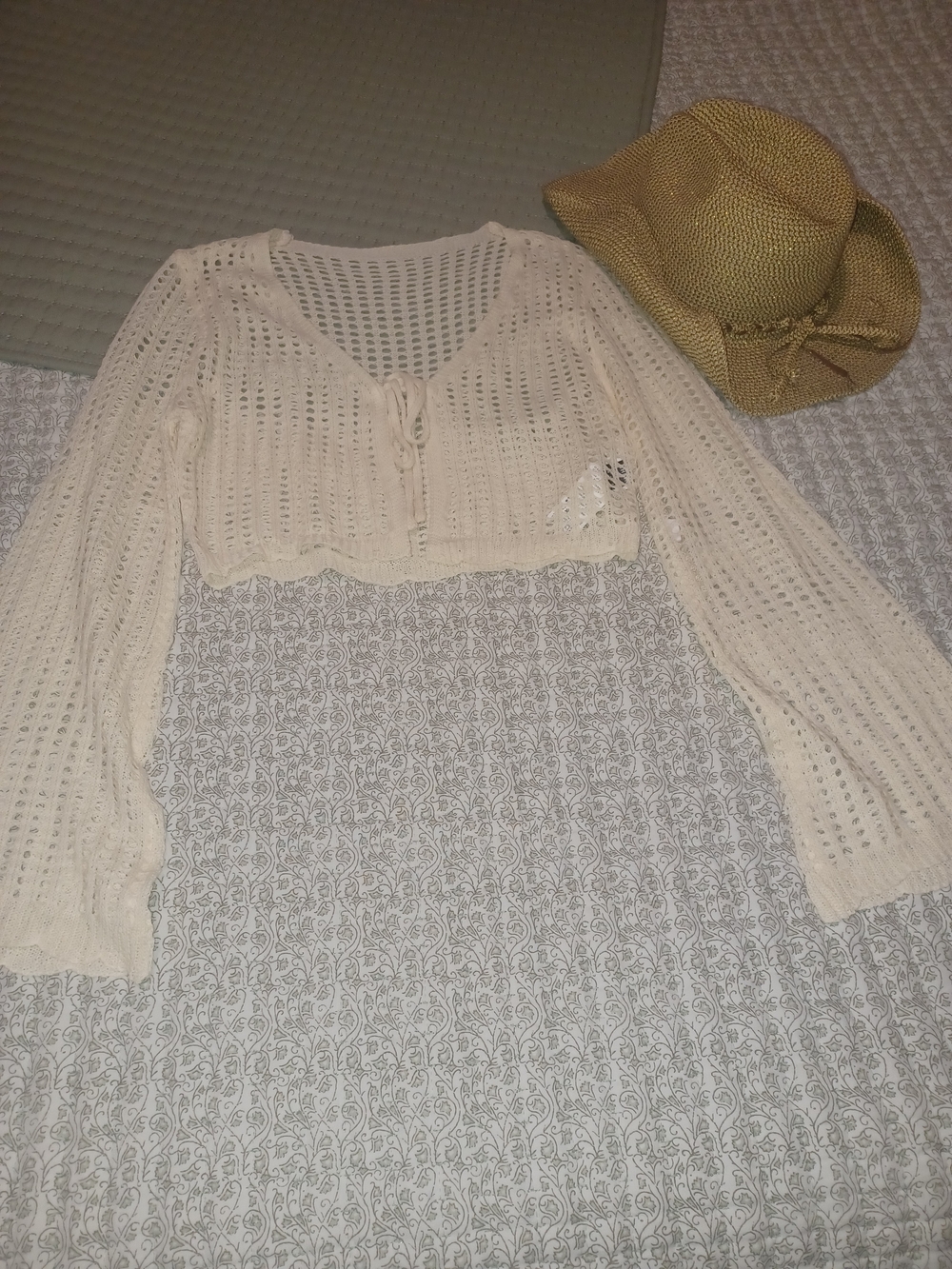 SHEIN Cream Crochet Tie-Front Long Sleeve Crop Top